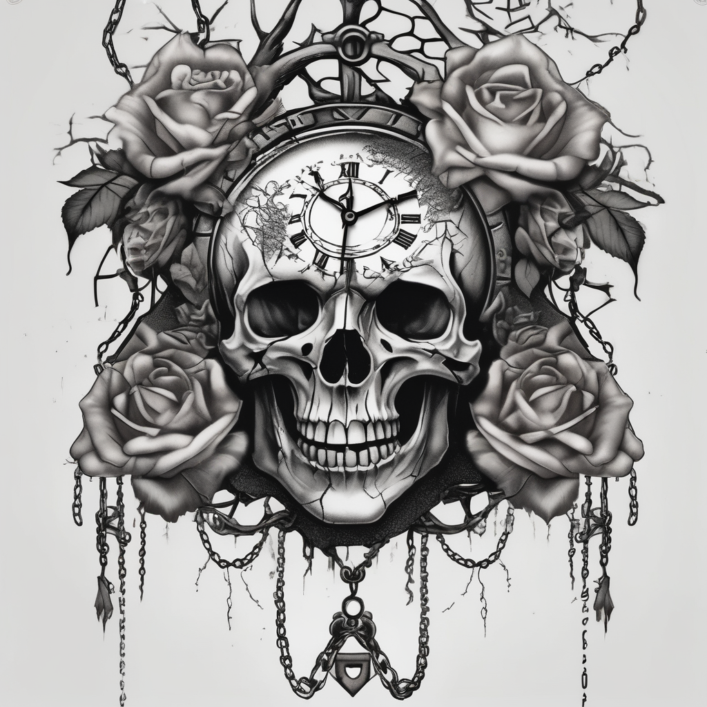 tattoo fool sleeve, tree roots break out of the chains, broken mask, clock with flying numbers, girl, skull, roses english dragon tattoo, AI-generated Dotwork tattoo design